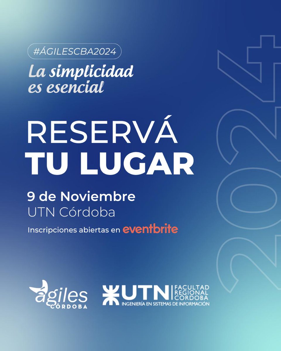 Ya está habilitada la inscripción al Ágiles Córdoba 2024 🤩

¡No te lo pierdas!

📲 Inscribite via Eventbrite aquí: eventbrite.com.ar/e/agiles-cordo…

¡Nos vemos!

#AgilesCba2024 💪💪