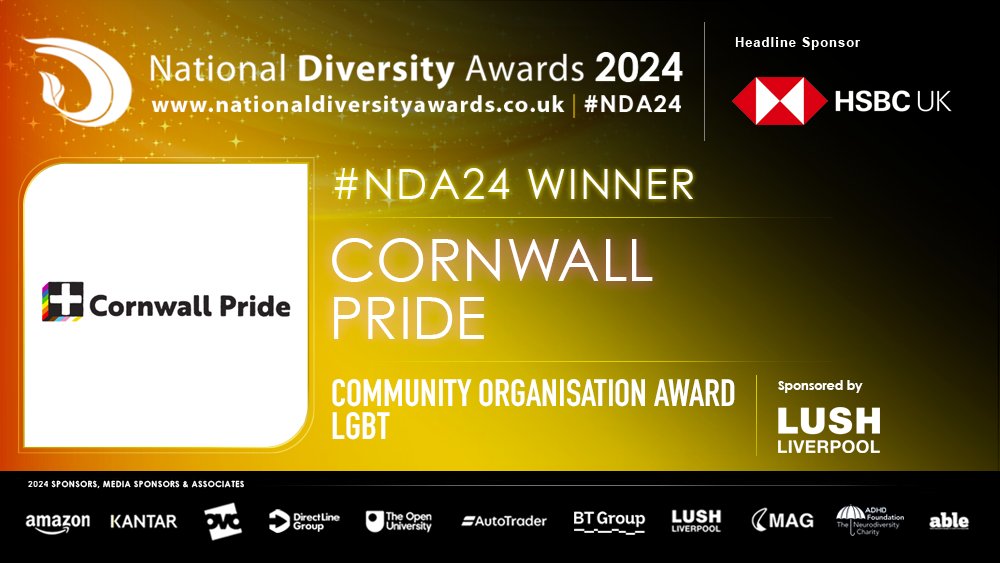 National Diversity Awards (@ndawards) on Twitter photo Introducing our #NDA24 Winner of the Community Organisation Award for LGBT, powered by <a href="/lushliverpool/">Lush Liverpool Spa</a> <a href="/HSBC_UK/">HSBC UK</a>: Cornwall Pride <a href="/CornwallPride/">Cornwall Pride 〓〓</a> 🥳🥂
Congratulations and thank you for furthering diversity in your community 💜✨
Read their story → nationaldiversityawards.co.uk/2024-shortlist… Introducing our #NDA24 Winner of the Community Organisation Award for LGBT, powered by <a href="/lushliverpool/">Lush Liverpool Spa</a> <a href="/HSBC_UK/">HSBC UK</a>: Cornwall Pride <a href="/CornwallPride/">Cornwall Pride 〓〓</a> 🥳🥂
Congratulations and thank you for furthering diversity in your community 💜✨
Read their story → nationaldiversityawards.co.uk/2024-shortlist…