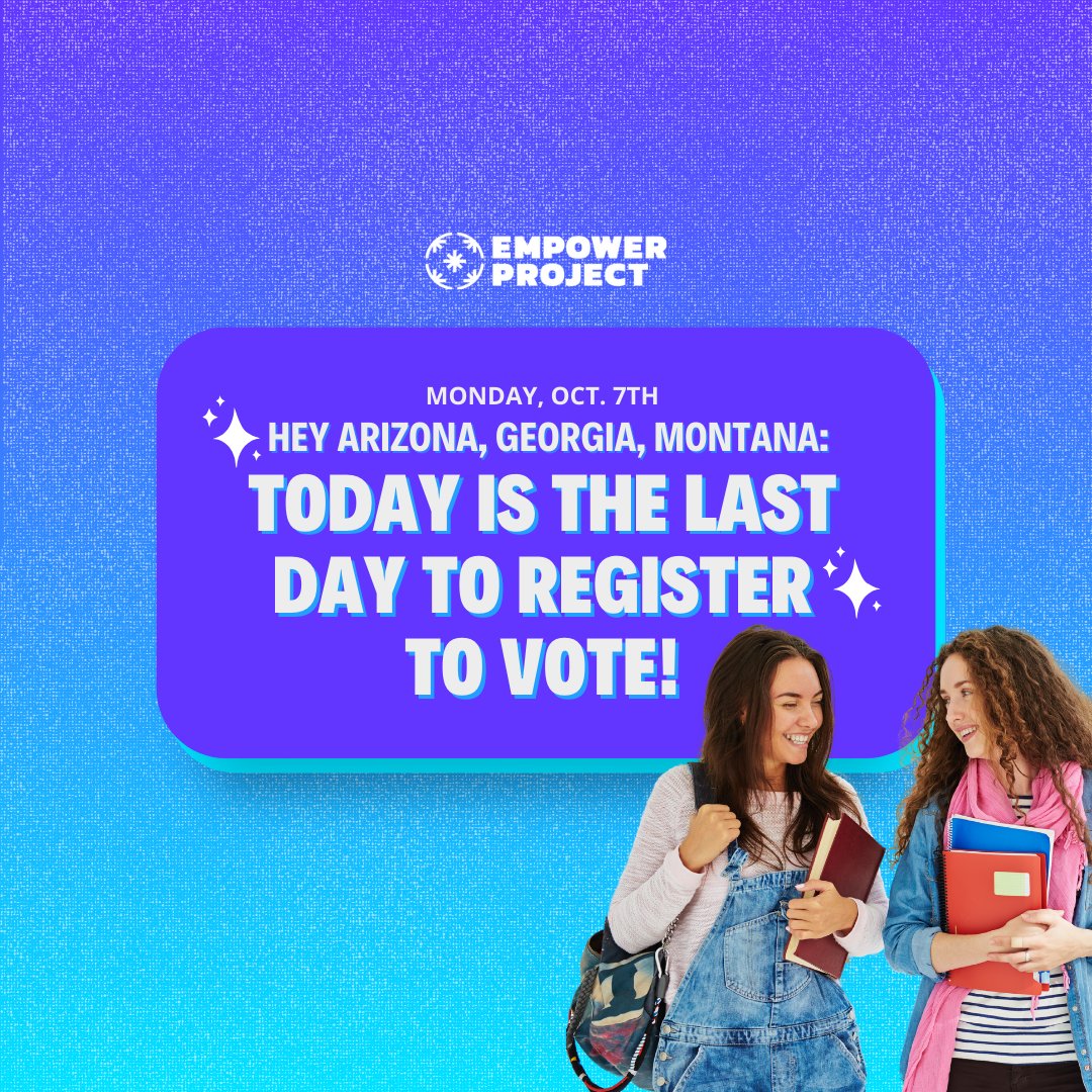 Empower Project (@empowerprojus) on Twitter photo 📢 If you live in Arizona, Georgia, OH or Montana – today is the final day to register to vote! If you have changed your name or moved, now’s the time to update your registration too.
Our friends <a href="/RockTheVote/">Rock the Vote</a> make it easy to register: rockthevote.org/how-to-vote/re… 📢 If you live in Arizona, Georgia, OH or Montana – today is the final day to register to vote! If you have changed your name or moved, now’s the time to update your registration too.
Our friends <a href="/RockTheVote/">Rock the Vote</a> make it easy to register: rockthevote.org/how-to-vote/re…
