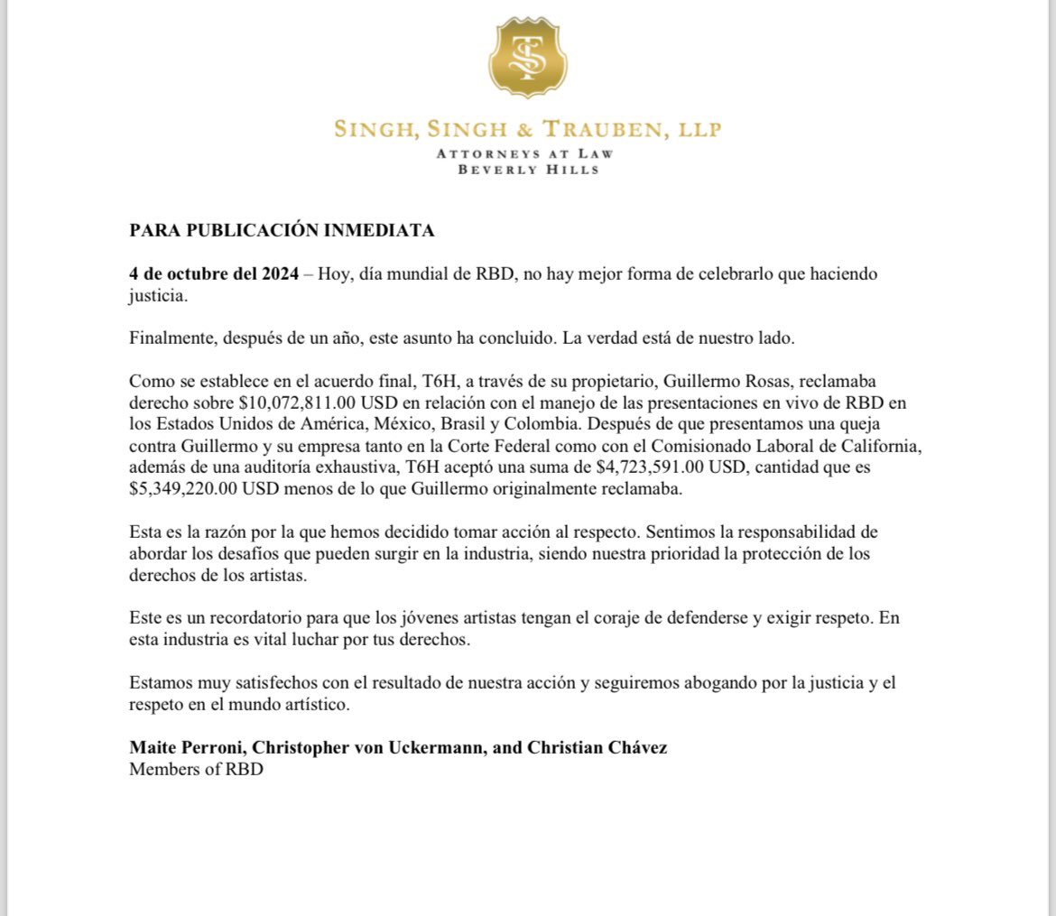 VentaneandoUno's tweet photo. En el día Mundial de #RBD le hacen justicia a #MaitePerroni, #ChristopherUckerman y #ChristianChávez luego de demandar en Estados Unidos a su ex mánager #GuillermoRosas, aquí les compartimos el comunicado del que tendremos más detalles el lunes en #Ventaneando. 💚 https://t.co/7Wo4QY52xZ