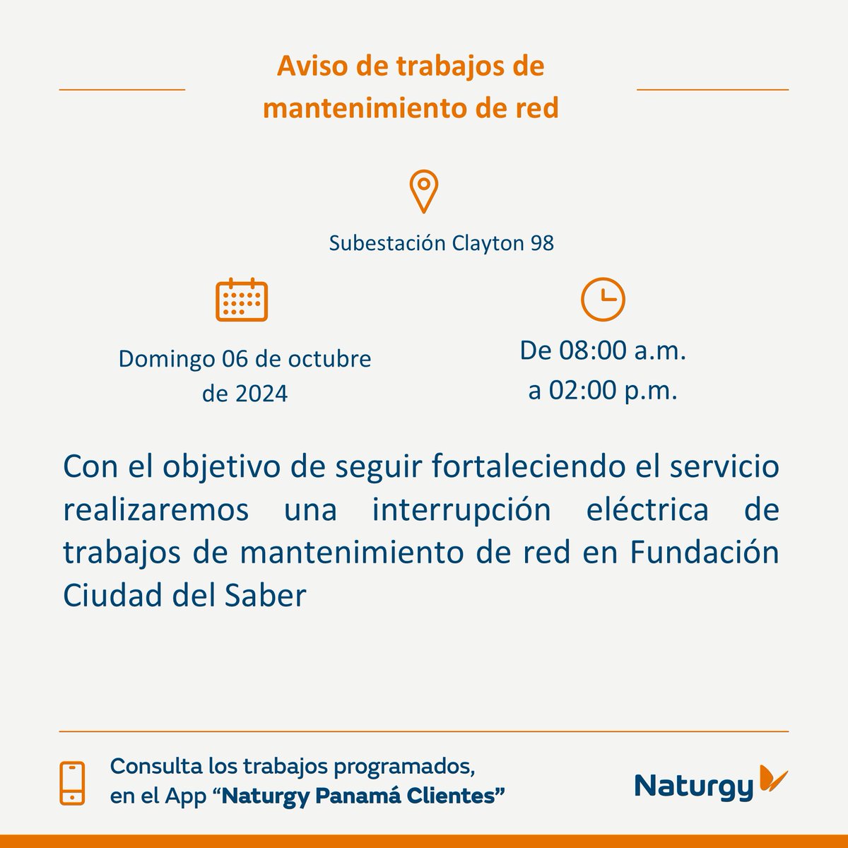 #PanamáCiudad Trabajos de mantenimiento en la red el domingo 6 de octubre en Subestación Clayton 98. <a href="/TReporta/">Telemetro Reporta</a> <a href="/criticaenlinea/">Diario Critica.Pa</a> <a href="/MiDiarioPanama/">Mi Diario Panamá</a> <a href="/DiaaDiaPa/">Diario DiaaDia</a> <a href="/tvnnoticias/">TVN Noticias</a>