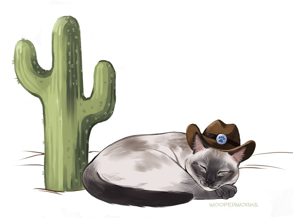 Wooperworks's tweet photo. Cute little yee-haw kitty sleeping next to his cactus :3 If you've seen me at a convention anytime recently, you may have spied this (minus the cactus) as a sticker!
#wooperworks #catart #meowdypartner #yeehaw #yeehawkitty #kittyart #cowboycat #cowboy #digitalart #cactusart #cat https://t.co/hF9LYlYukn