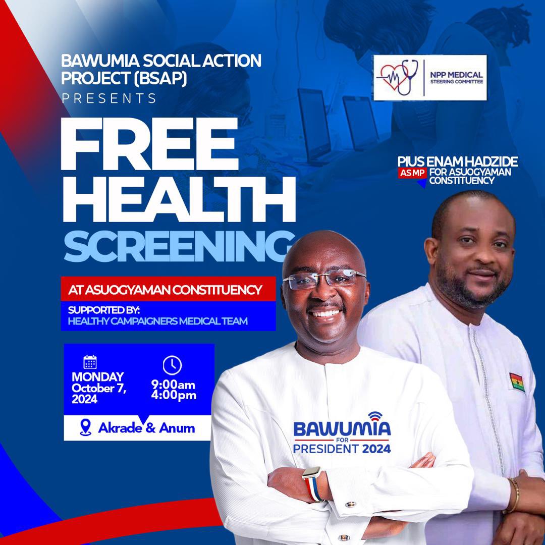 The health of my constituents is paramount to me. That’s why on Monday 7 October 2024, from 9am to 4pm, I’ll be organizing free health screenings for my people. It will be held at Akrade and Anum.

#AsuogyamanIsRising #Pius4Parliament24 #BawumiaForPresident  #ItIsPossible