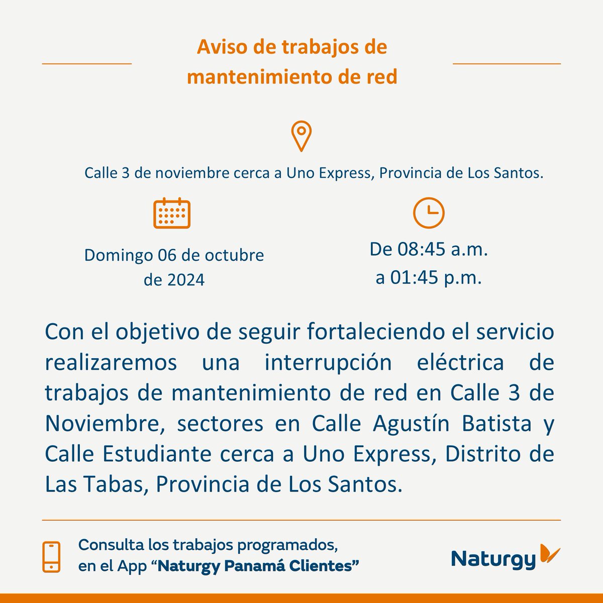#ProvinciaLosSantos Trabajos de mantenimiento en la red el domingo 06 de octubre en Calle 3 de noviembre cerca a Uno Express, Provincia de Los Santos. <a href="/LosSantos7/">Los Santos</a> <a href="/lossantos_pty/">Municipio Los Santos</a> <a href="/TReporta/">Telemetro Reporta</a> <a href="/criticaenlinea/">Diario Critica.Pa</a> <a href="/MiDiarioPanama/">Mi Diario Panamá</a>