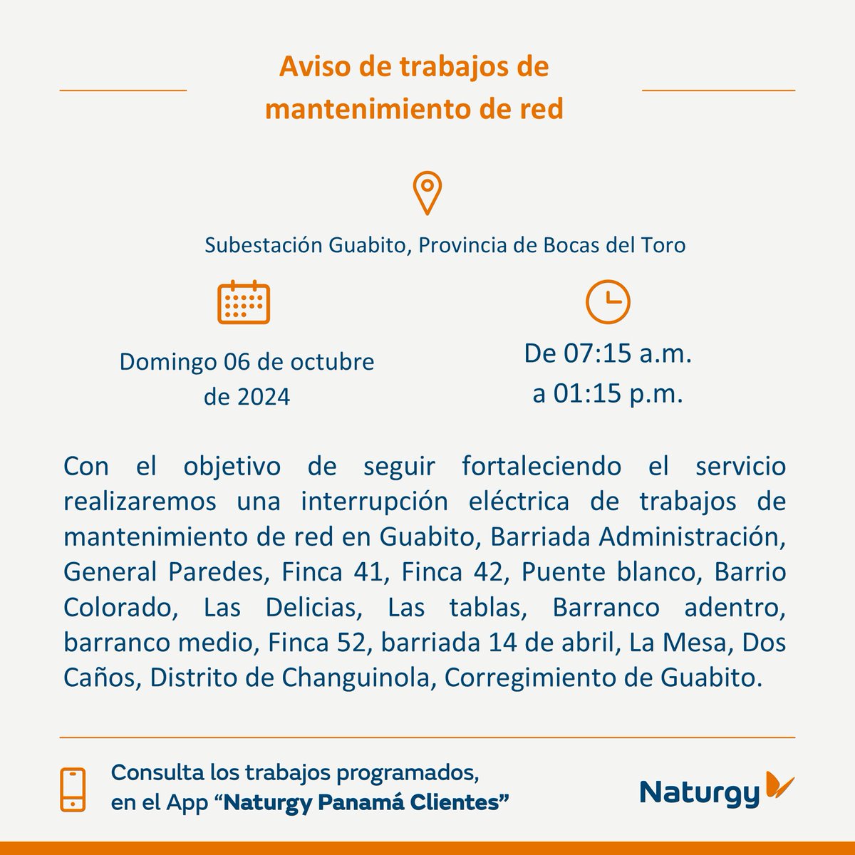 #ProvinciaBocasdelToro Trabajos de mantenimiento en la red el domingo 06 de octubre en Subestación Guabito, Provincia de Bocas del Toro. <a href="/alcaldiabocas/">Municipio de Bocas Del Toro</a> <a href="/Interbocas1/">Bocas del Toro</a> <a href="/DiaaDiaPa/">Diario DiaaDia</a> <a href="/MiDiarioPanama/">Mi Diario Panamá</a> <a href="/criticaenlinea/">Diario Critica.Pa</a>