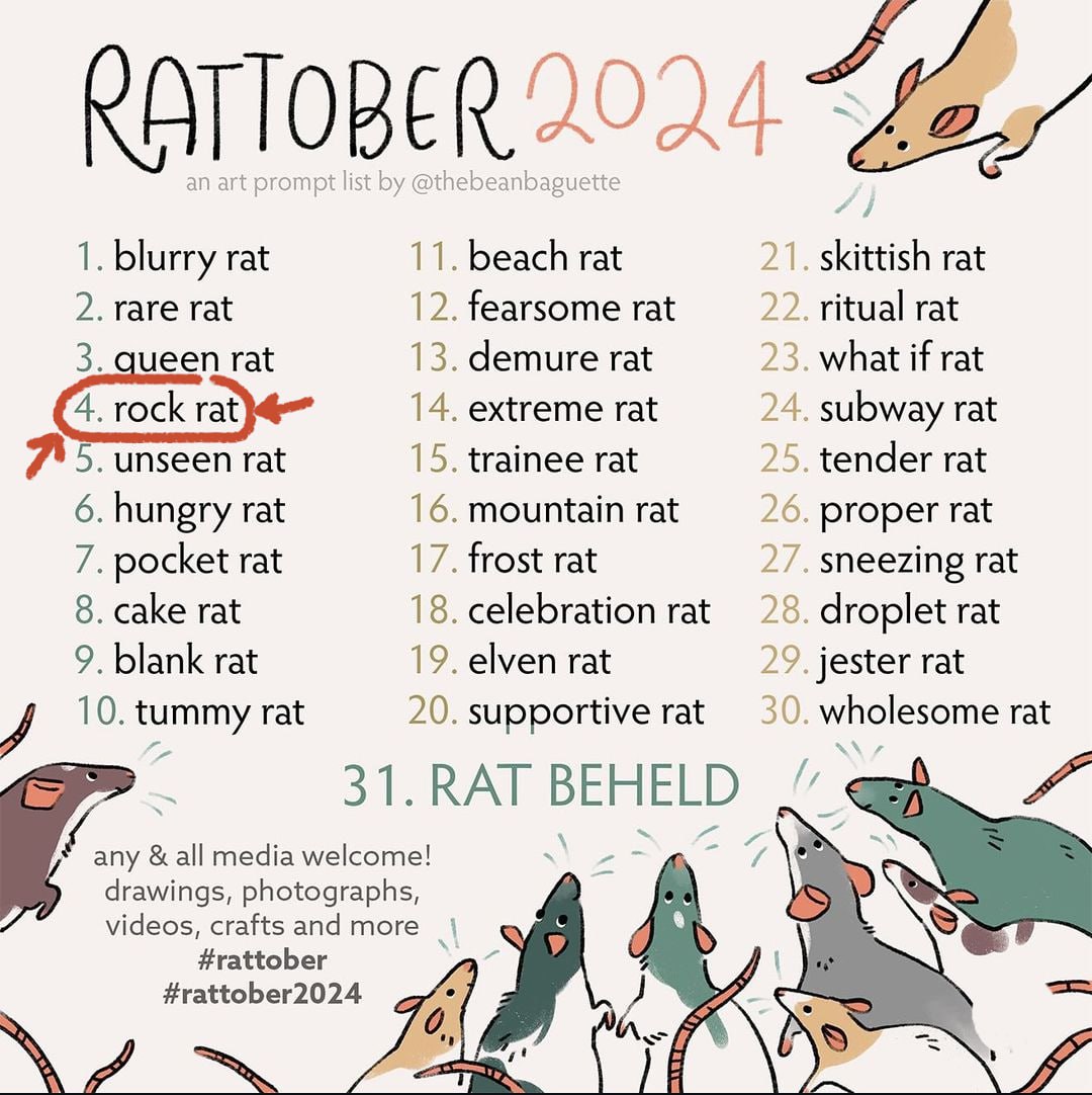 sihomeiart's tweet photo. Day 4 Rock Rat ๐ชจ๐ #rattober2024
Cute rock rat taking a nap ๐ชจ๐๐ค
Mixed technique: natural element and acrylic marker โ๏ธ
A #challenge by @thebeanbaguette ๐
#rattober #rockrat #rat #photo #October4 #October2024 #ArtistsOfTwitter #AnimalLovers #autumn2024 #doodleart #photo https://t.co/JW0zZFAz7Z