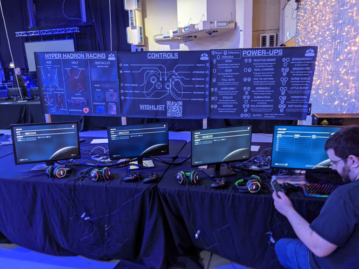 We're all ready for PLAY Expo Blackpool. We've setup 4 screens so that players can race against each other in our game - Hyper Hadron Racing. So, if you're there this weekend, please come and say hi, and bring your friends! #PLAYExpo #pxb24 #indiedev #indiegame #hyperhadronracing