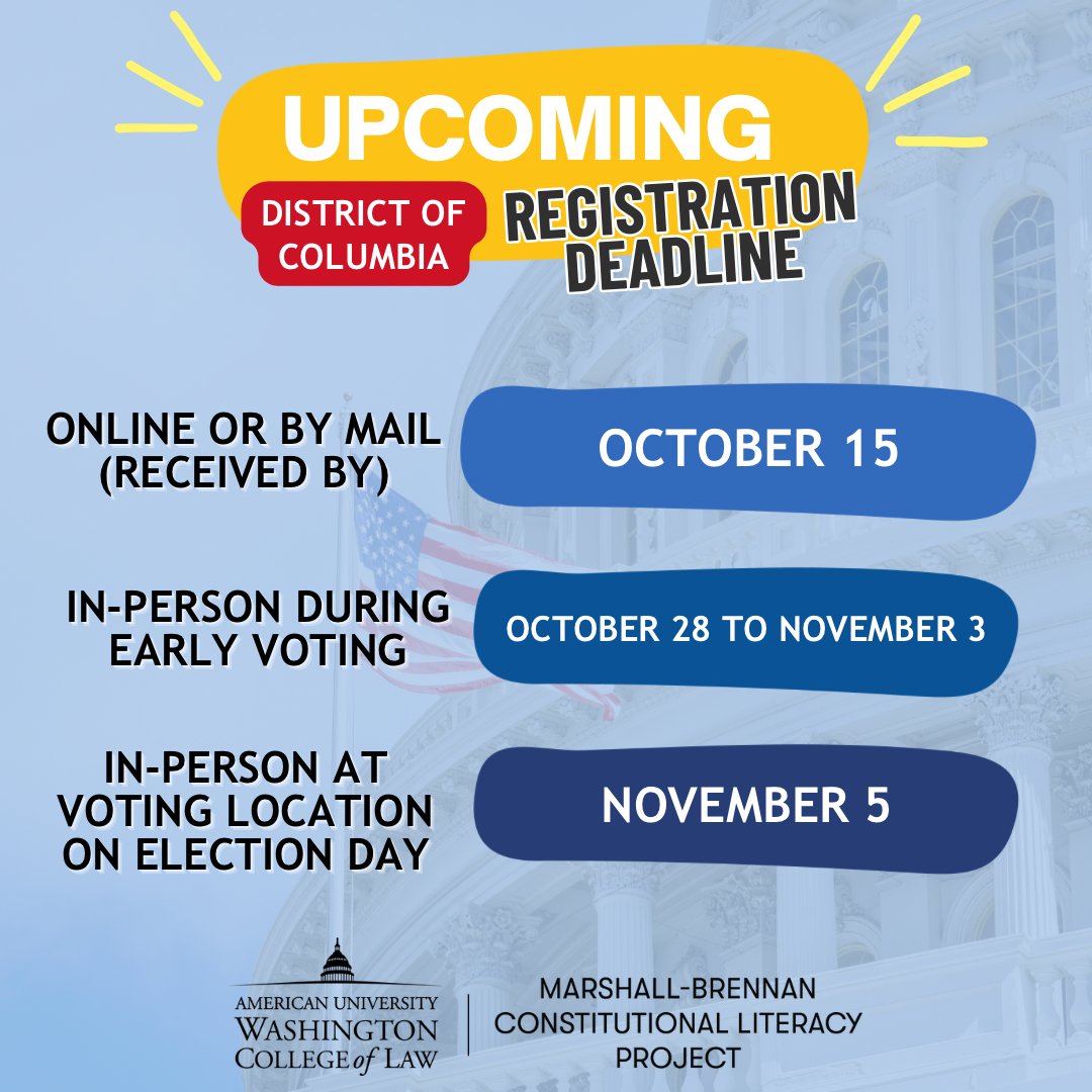 Calling DC Voters 📣  Create your voting plan by registering to vote, researching the candidates, and casting your ballot in this upcoming election. Swipe for more information about upcoming voter registration deadlines in the District ➡️