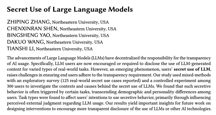 ㊙️Have you ever seen someone hide their use of #LLMs? (e.g., paper writing, email drafting…) 
㊙️Or have you ever wanted to keep your use of LLMs secret?
💫Our paper (also my first CSCW paper!) on #SecretUseofLLMs is accepted to #CSCW2025!!
🧵Paper: arxiv.org/abs/2409.19450