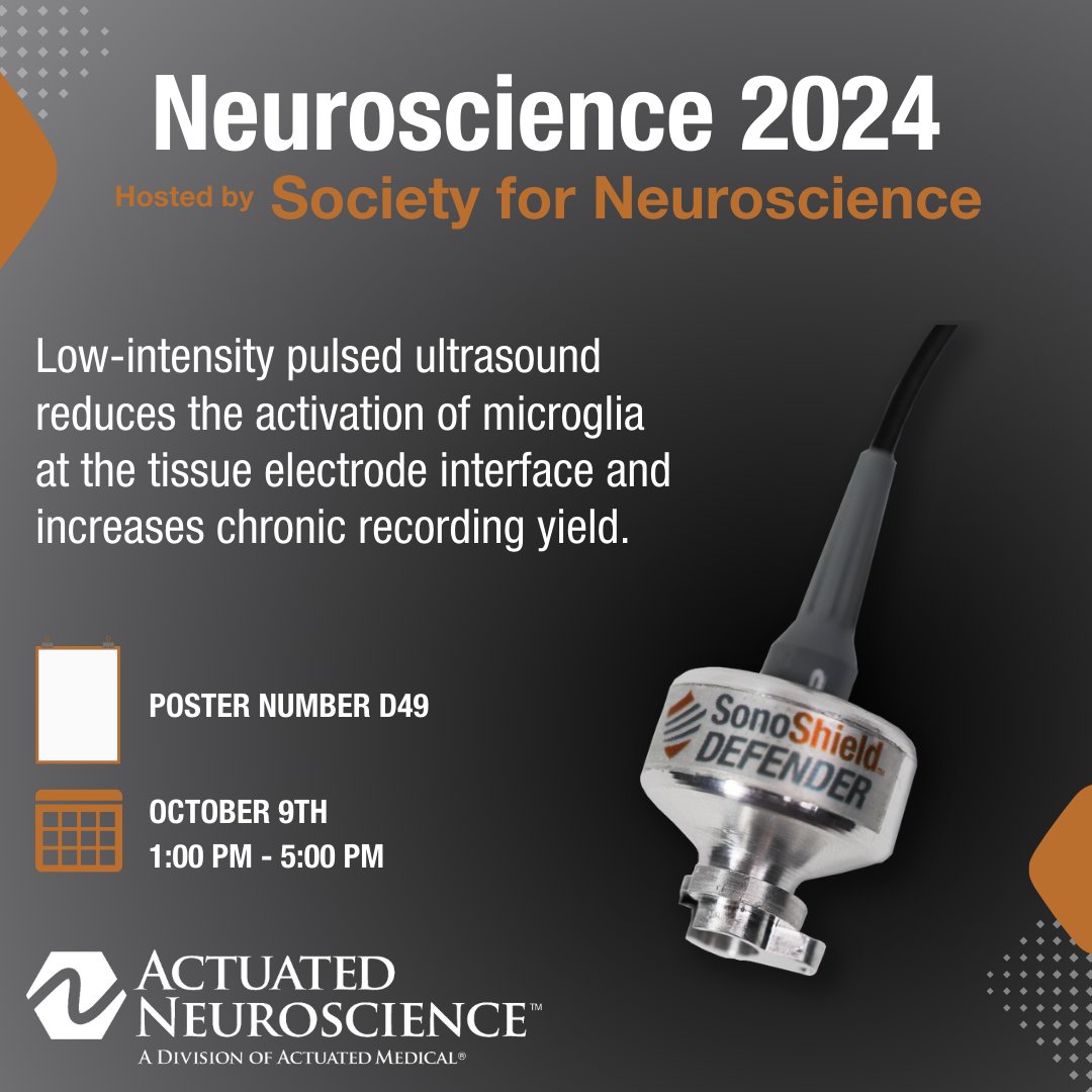 Unveiling the SonoShield Defender at this year's Neuroscience Conference! Come to our poster session or stop by our booth to learn how SonoShield's ultrasonic technology can lead to better data and better research! #SfN24 <a href="/ActuatedMedical/">Actuated Medical</a> <a href="/SfNtweets/">Society for Neuroscience (SfN)</a> <a href="/MaureenMulvihi3/">Maureen L. Mulvihill, Ph.D.</a>