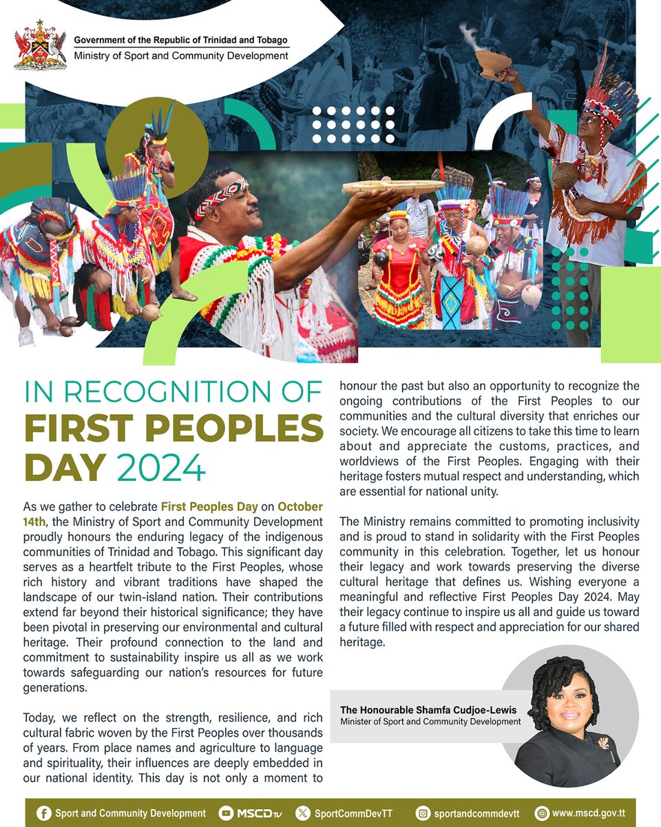 SportCommTT's tweet photo. On the International Day of the World's Indigenous Peoples, let's celebrate the culture, language, music, and traditions of our First People and their contributions to our national development. https://t.co/87Q9wP6GWg