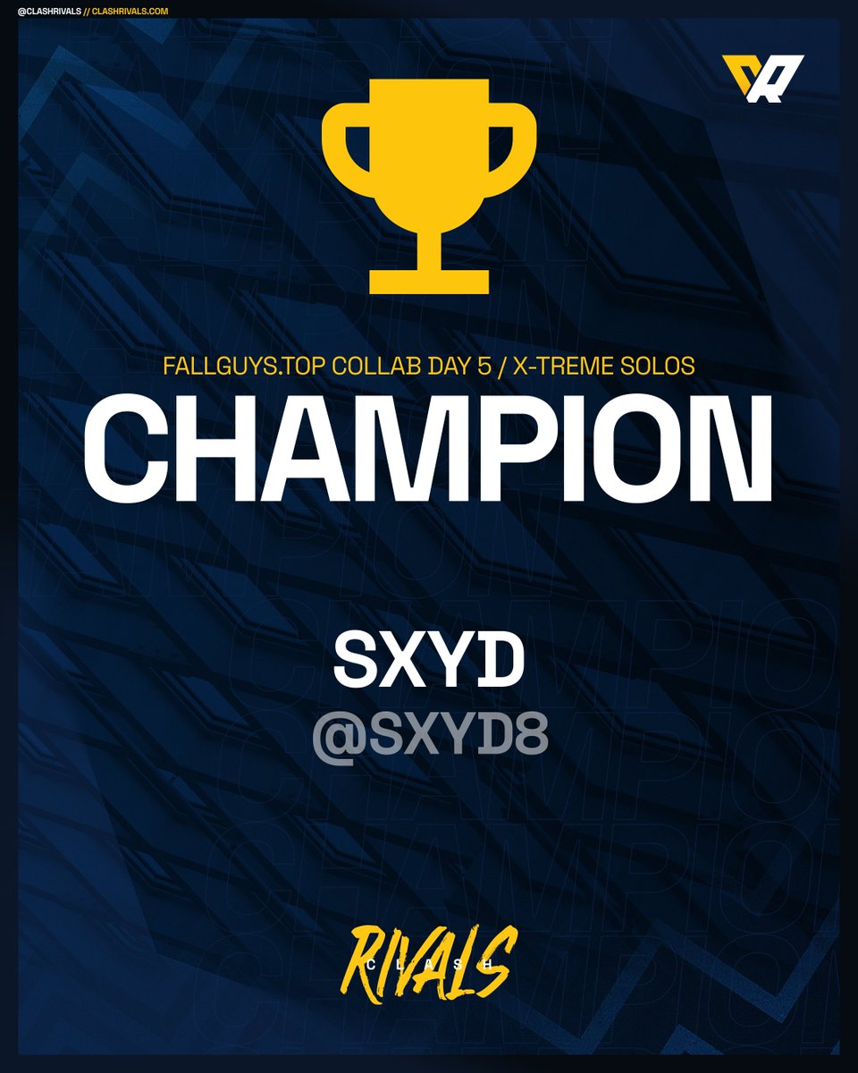 Well done to <a href="/Sxyd8/">sxyd</a> for winning day 5 of the Clash Rivals X <a href="/FallGuysTop/">Fall Guys Top Leaderboards</a> event collaboration!

It came down to an 8 player tiebreaker in Blast Ball, ending in a 1v1 with <a href="/jacobstienco/">jsc</a>. Sxyd came with the win!

We shall see you all again tomorrow for MORE X-TREME SOLOS!