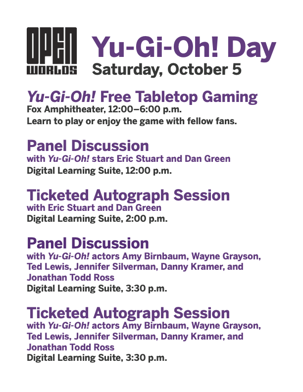 Yu-Gi-Oh! Day is tomorrow, Oct 5! Join us for a free afternoon of tabletop gaming and panel discussions and Q&amp;As with franchise stars! While the screening  of YU-GI-OH! DARK SIDE OF DIMENSIONS is sold out, tickets for autograph sessions will be available. movingimage.org/event/yu-gi-oh…