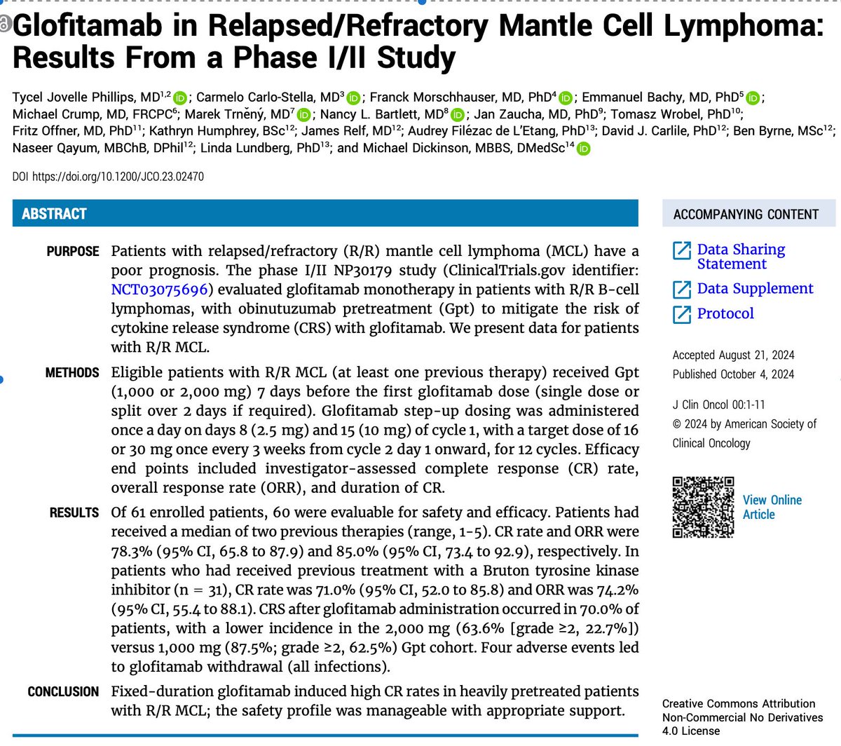 Michael Dickinson (@mike_dickinson1) on Twitter photo #Glofitamab is very active in #mantle cell #lymphoma: Very pleased to show it in this data now available <a href="/JCO_ASCO/">Journal of Clinical Oncology</a> bit.ly/4exf9Tq big thanks to co-investigators @lymphclinician et al, and to my team @haem_pmcc_rmh #lymsm <a href="/PeterMacCC/">Peter Mac Cancer Centre</a> #Glofitamab is very active in #mantle cell #lymphoma: Very pleased to show it in this data now available <a href="/JCO_ASCO/">Journal of Clinical Oncology</a> bit.ly/4exf9Tq big thanks to co-investigators @lymphclinician et al, and to my team @haem_pmcc_rmh #lymsm <a href="/PeterMacCC/">Peter Mac Cancer Centre</a>