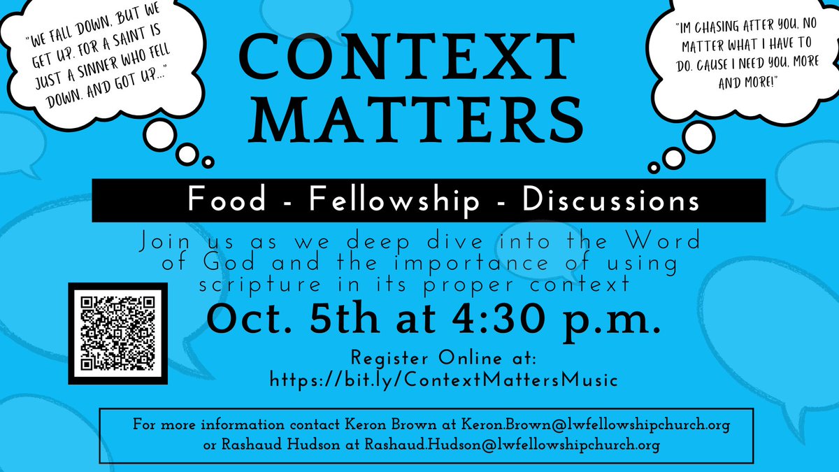Join us as we deep dive into the Word of God
and the importance of using scripture in its proper context
CONTEXT MATTERS
TOMORROW, OCTOBER 5TH @ 4:30 PM
ALL ARE WELCOME!
Register at bit.ly/ContextMatters… #contextmatters #youngadults #youngadultministry mailchi.mp/e8621efbcd93/h…