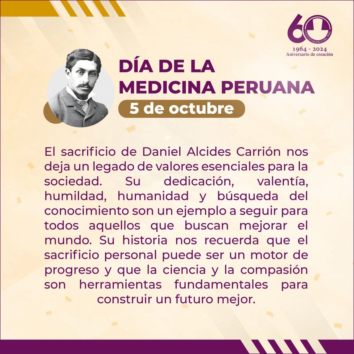 CMP_PERU's tweet photo. ⚕️👏Este 5 de octubre rememoramos una de las proezas más importantes de la historia de la medicina en nuestro país, nos referimos al sacrificio de Daniel Alcides Carrión, que nos deja un legado de valores esenciales para la sociedad. #DíaDeLaMedicina https://t.co/jjkOqxF01I