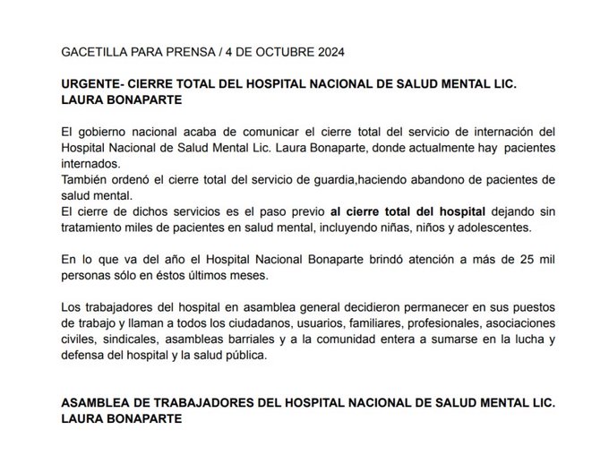 facucalvo13's tweet photo. El gobierno anunció el cierre de los servicios de internación y guardia del Hospital Nacional de Salud Mental Laura Bonaparte, en CABA. El plan de desmantelamiento siempre incluye el desamparo de la salud mental. Se convoca a una vigilia junto a sus trabajadoras para hoy. https://t.co/JySAmWEzcJ