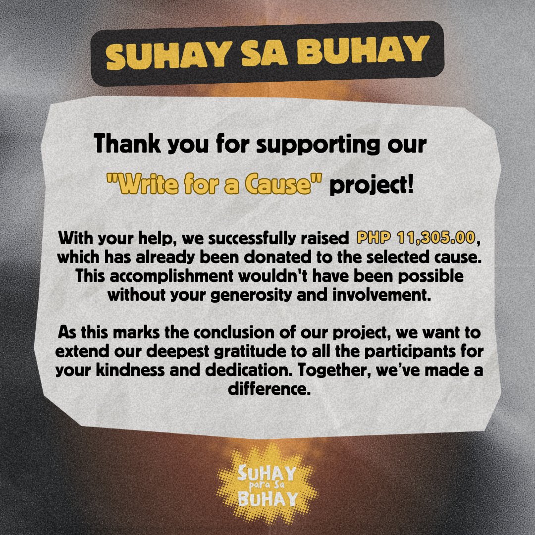suhaysabuhay's tweet photo. Weβre beyond grateful for your support in our "Write for a Cause" project! This project has officially come to a close, and we couldnβt have done it without each and every one of you. Thank you for making a difference with us! π
#SPSB #SuhayParaSaBuhay #WriteForACause https://t.co/m0NR2XaPHD