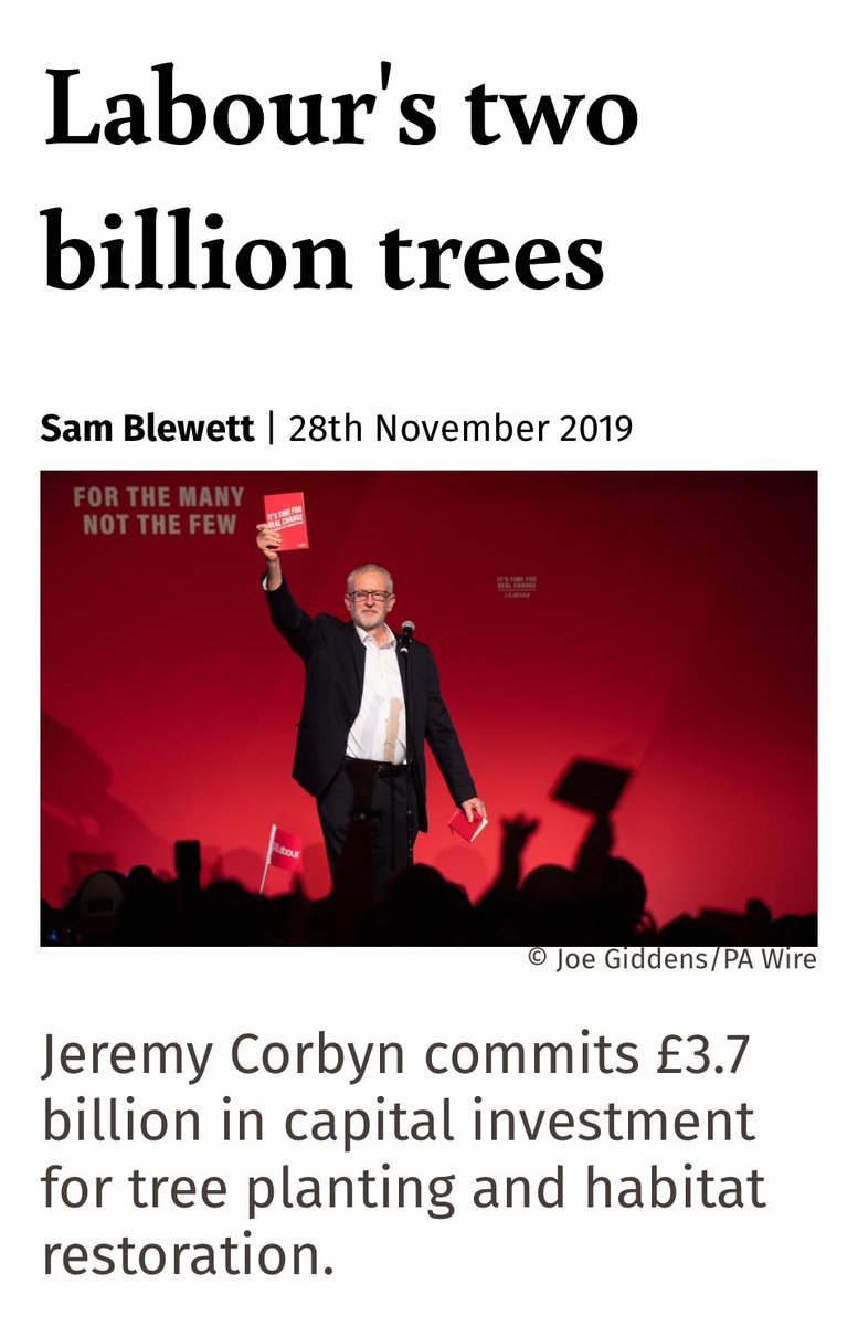 .
Starmer £22 Billion for Carbon Capture by oil companies 😐 

Jeremy Corbyn £3.7 Billion to plant two billion trees by 2040, create 10 new national parks. 
(Friends of the Earth welcomed the plan "the most ambitious" aimed at capturing atmospheric carbon to offset emissions) 👍🏼