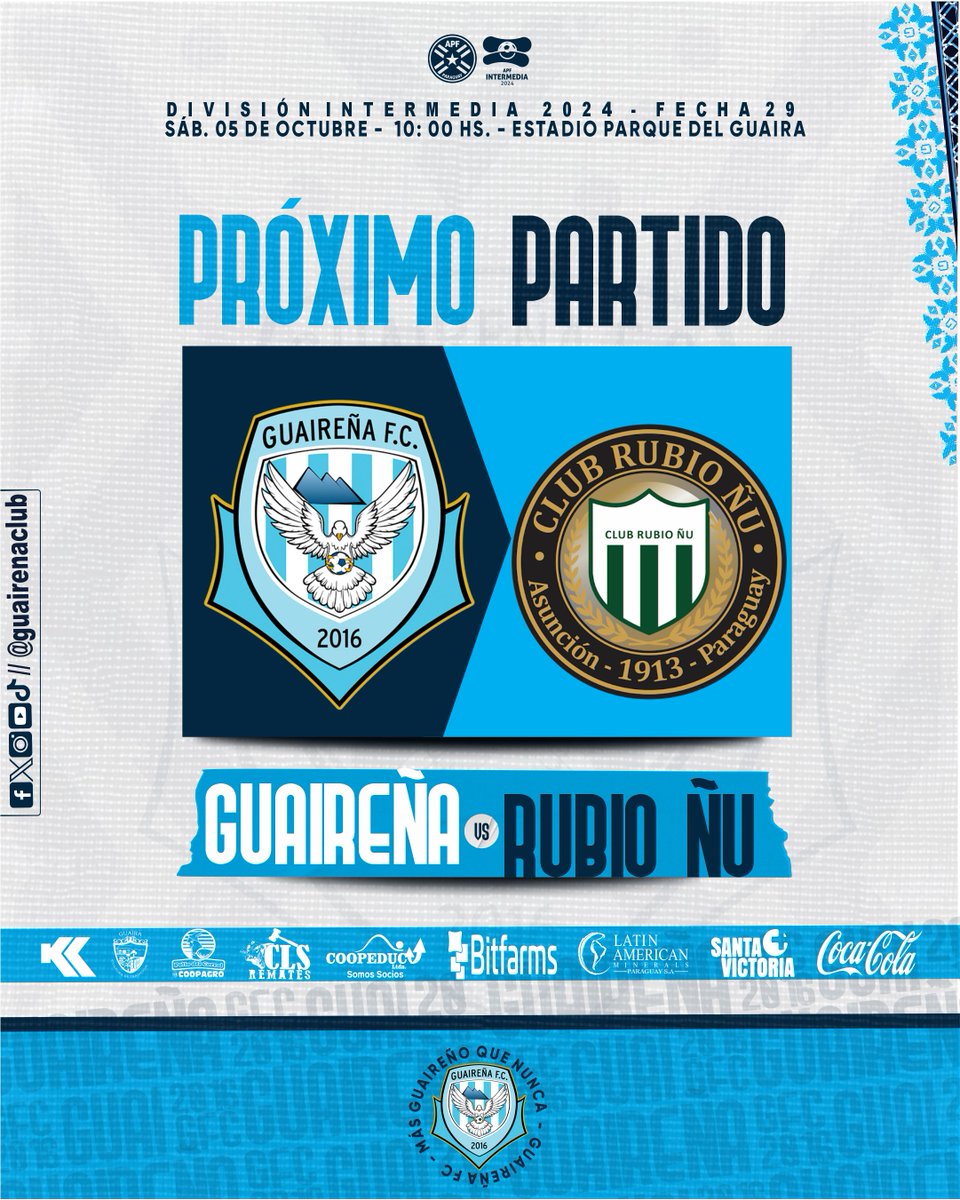 GuairenaClub's tweet photo. 𝙝𝙖𝙨𝙩𝙖 𝙚𝙡 𝙛𝙞𝙣𝘼𝙇 𝐉𝐔𝐍𝐓𝐎𝐒
⚽️ #DivisionIntermedia
🆚 RUBIO ÑU
📆 SABADO 05
🕔 10:00Hs
🏟️ PARQUE DEL GUAIRÁ
#GuaireñaFc
#MásGuaireñoQueNunca https://t.co/dvfzaetdiW