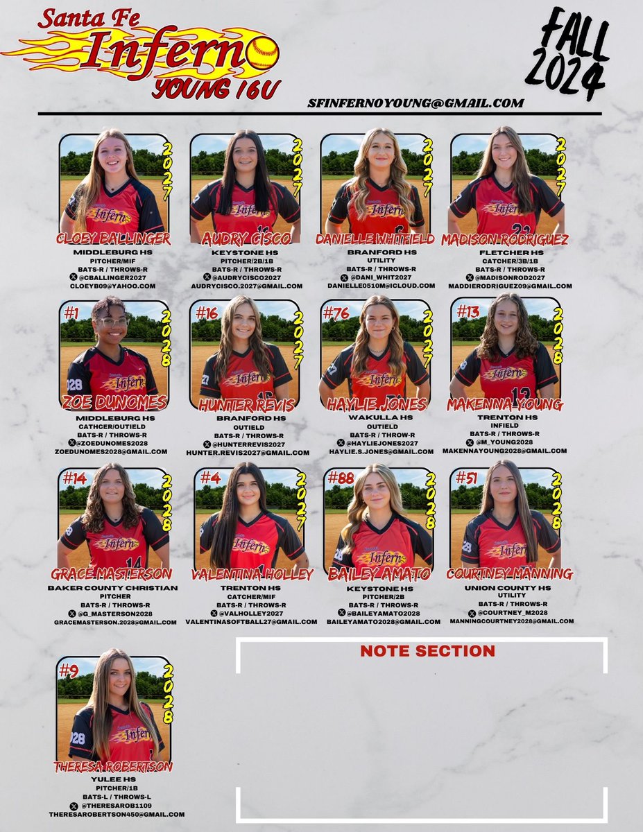 Our roster for our fall 2024 season! We have a great group of girls and can’t wait! #santafeinferno #softball #fall2024