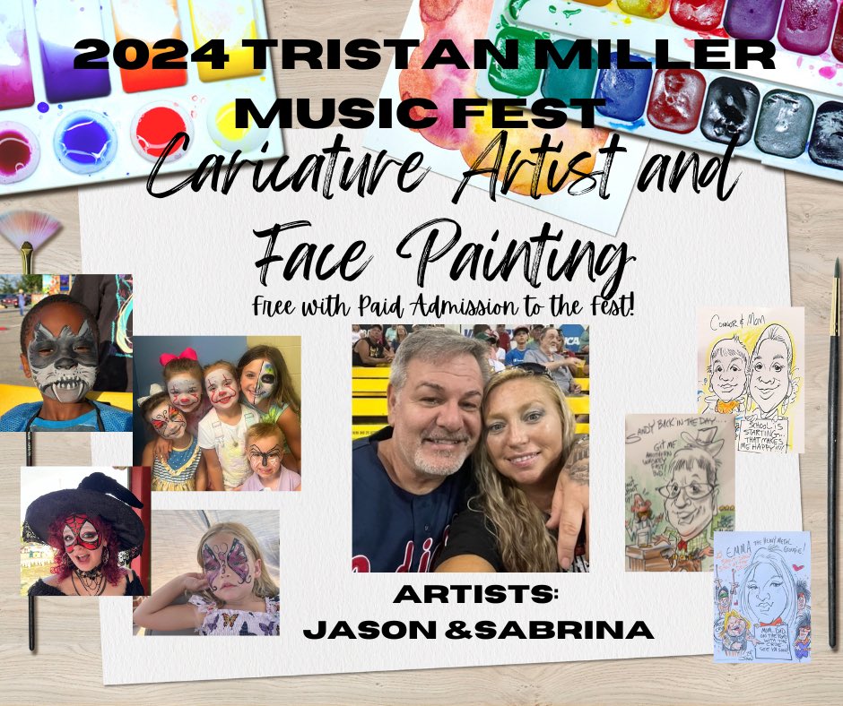 Bring the family!! 2024 TMMF offering FREE to attendees of  the fest this year, Caricature and Face Painting Artists! Remember Ages 12 and under are free admission (with a paid adult).