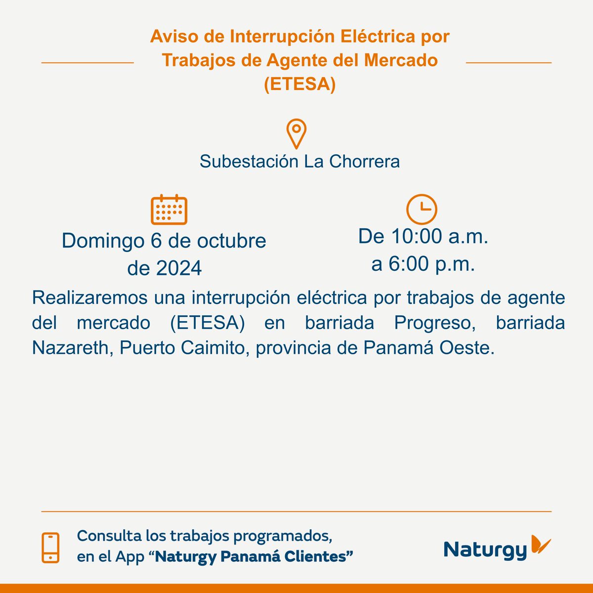 #PanamáOeste Informamos a nuestros clientes que los siguientes trabajos en la red por parte del Agente del Mercado (ETESA) han sido cancelados. <a href="/PanamaOeste/">Panamá Oeste Oficial</a> <a href="/PanamaOesteNews/">Panamá Oeste News</a> <a href="/TraficologoO/">Traficologo Oeste</a> <a href="/panamaoestec13/">DécimaProvinciaC13</a>