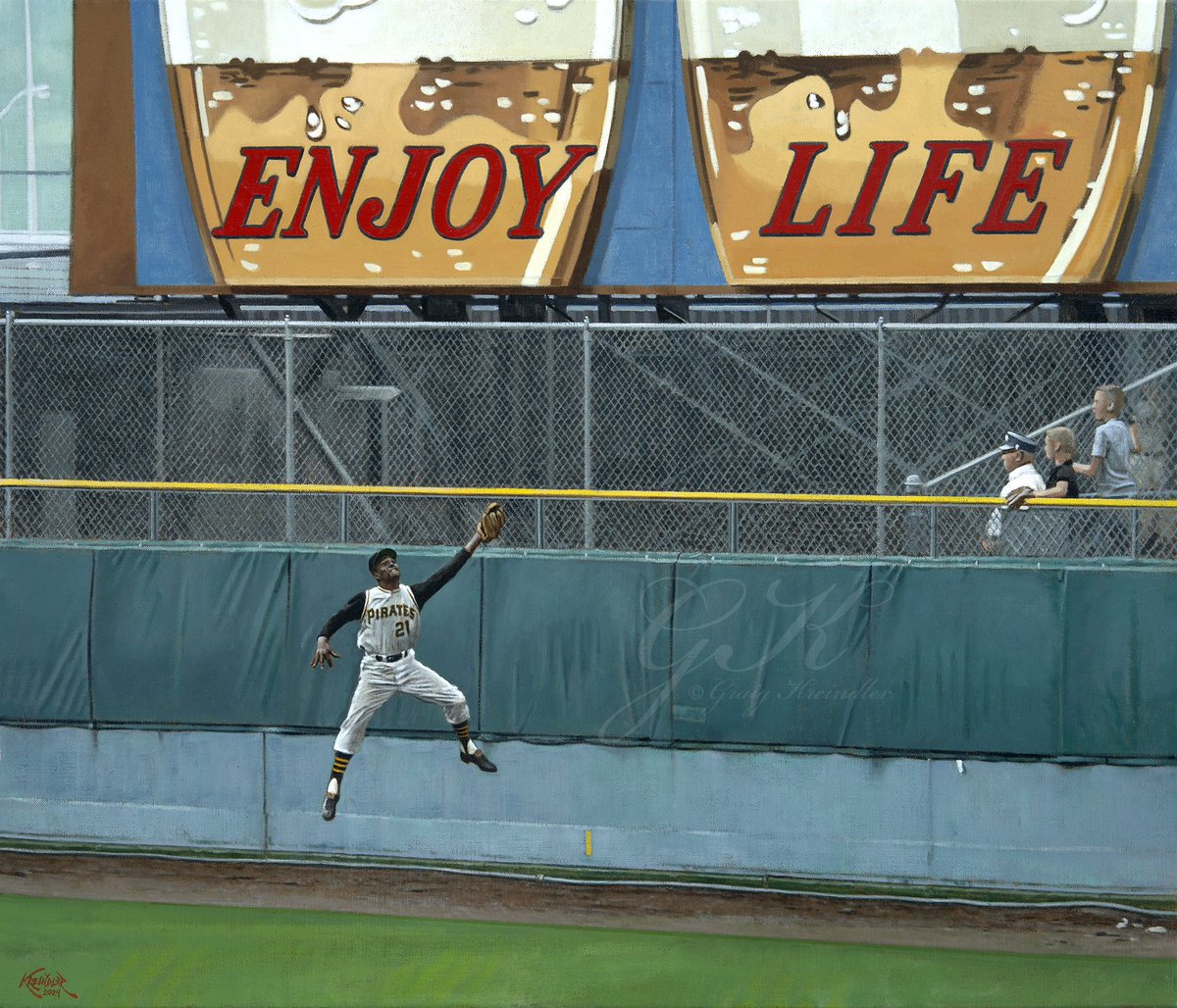 My finished painting of Roberto Clemente catching a drive off the bat of Henry Aaron, June 9, 1962 at County Stadium. This painting was NOT easy.