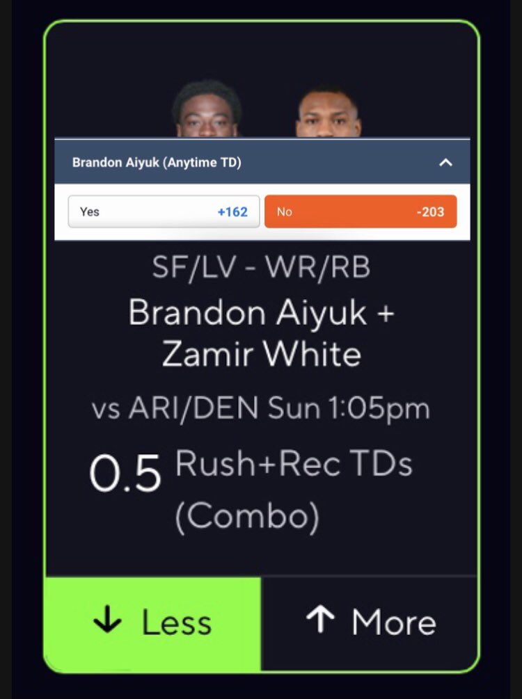 This will be removed from PrizePicks ⬇️

🔶Zamir White listed out

🔶Aiyuk is -203 to NOT score a TD on Pinnacle

🔶Aiyuk has a 16% target share in games with Deebo and Kittle. This ranks 4th on the team behind Jennings

Great value. This combo shouldn’t exist

#PrizePicks #NFL