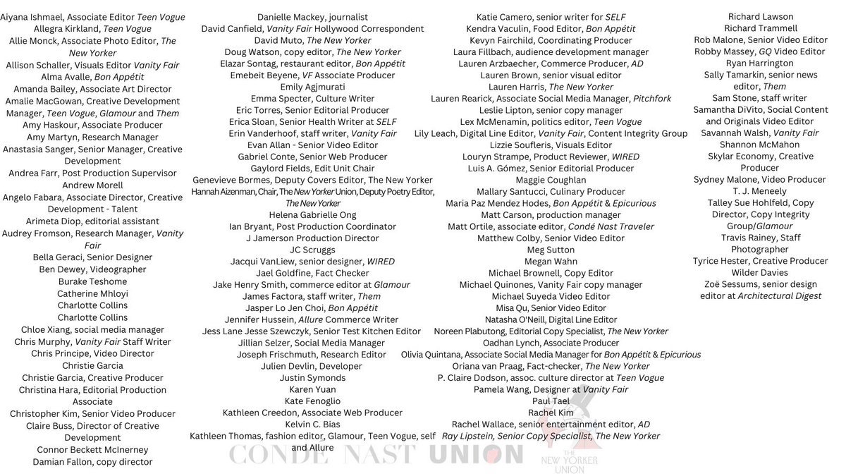 The leadership of the <a href="/CondeNast/">Condé Nast</a> and <a href="/NewYorker/">The New Yorker</a> unions, along with the undersigned members, condemn the killing of journalists reporting on Israel’s siege of Gaza. Please read our statement in full here.