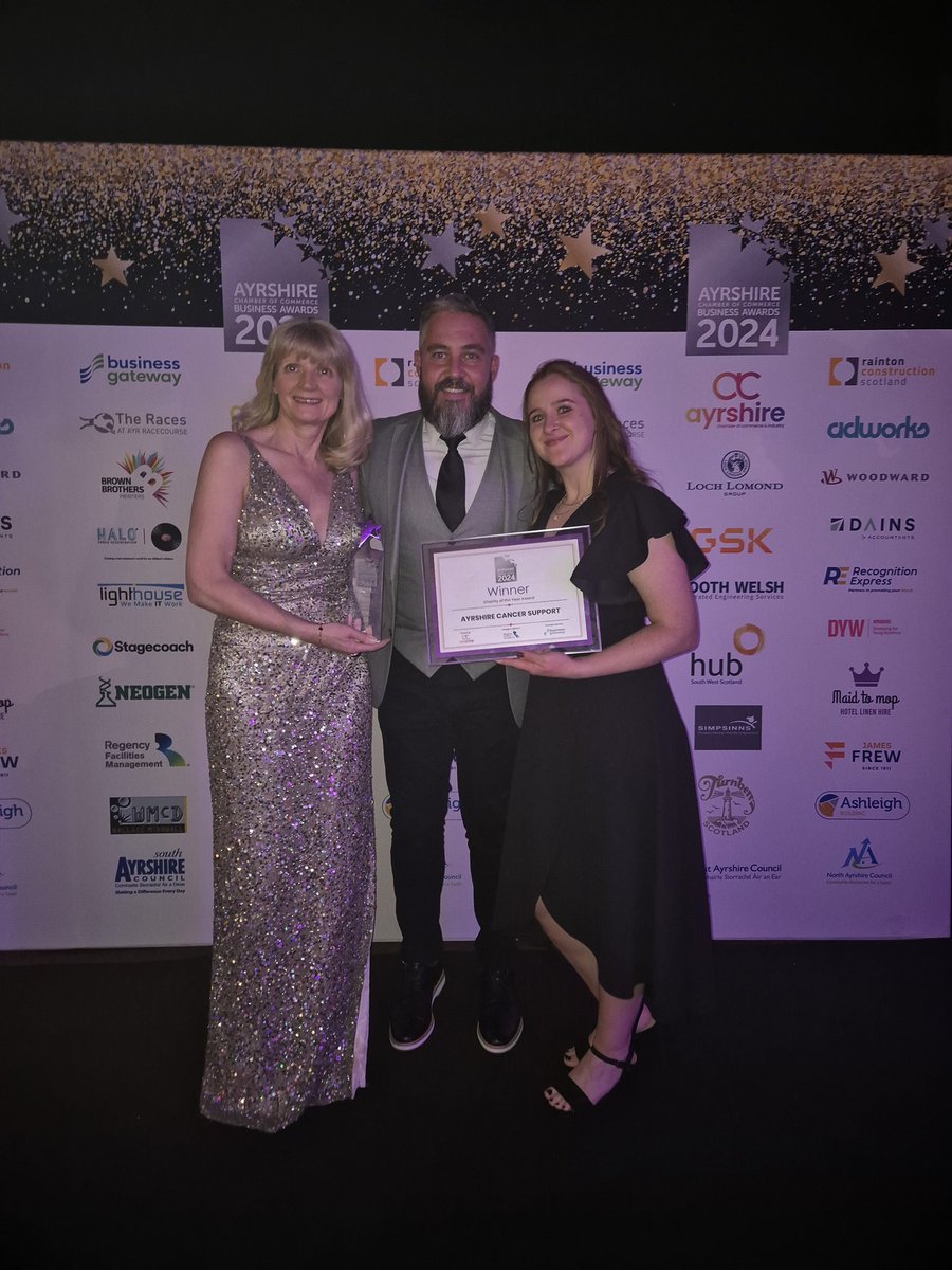 ayrshirecancer's tweet photo. We are absolutely delighted to receive the Charity of the Year Award at @AyrshireChamber's Business Awards 2024. We are so grateful to accept this award on behalf of our whole team of staff and volunteers, without whom nome of what we do would be possible - thank you all 🧡 https://t.co/IUodoH9c89