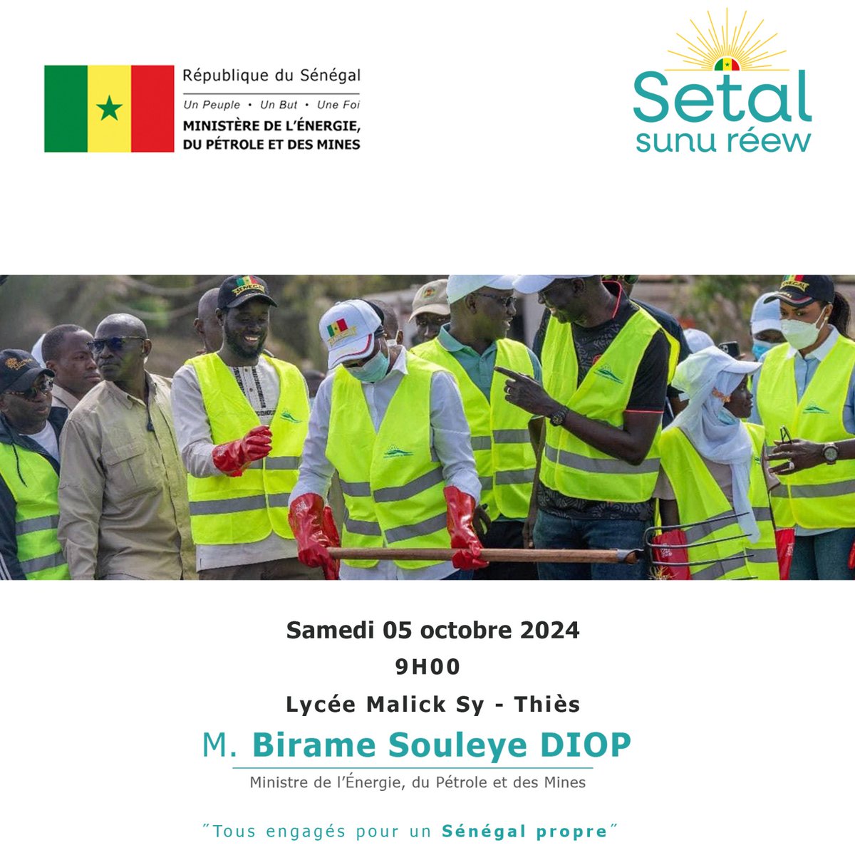 Mepsenegal's tweet photo. 5e édition de la journée de mobilisation citoyenne « Setal Sunu Réew », ce samedi 5 octobre. Le Ministre de l’Energie, du Pétrole et des Mines, M. @BirameSouleye se rend au lycée Malick Sy de Thiès, où il préside une activité de nettoiement à partir de 8h.
#MEPM #SetalSunuRew https://t.co/cLiHgpZ4KC