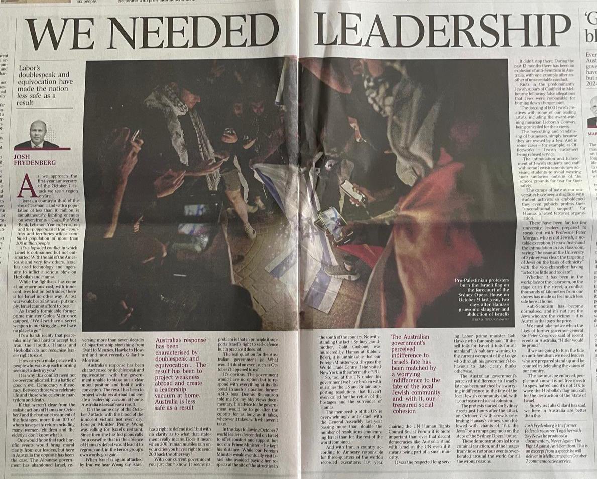 As we approach the first year anniversary of Hamas’s barbaric October 7 attack, we hope for the safe return of the hostages, and for good to triumph over evil.

This is a time for strong leadership, not weakness in the face of growing threats.

My Oped ➡️ theaustralian.com.au/inquirer/austr…
