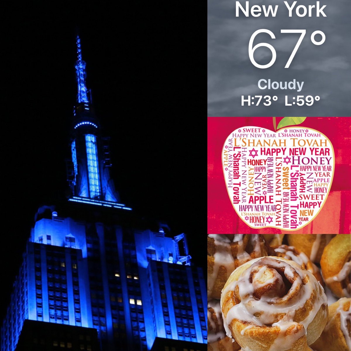 CorinnePulitzer's tweet photo. Sunset was at 6:32PM on a cloudy Friday Night in #NYC. The @EmpireStateBldg is lit in Blue in honor of #WorldSmileDay😊 while #JewishNewYear celebrations continue as #PastryFans enjoy #NationalCinnamonBunDay @NationalDayCal @NY1weather @HeyWhatDay @Smiletrain https://t.co/ETj9JBXMq4