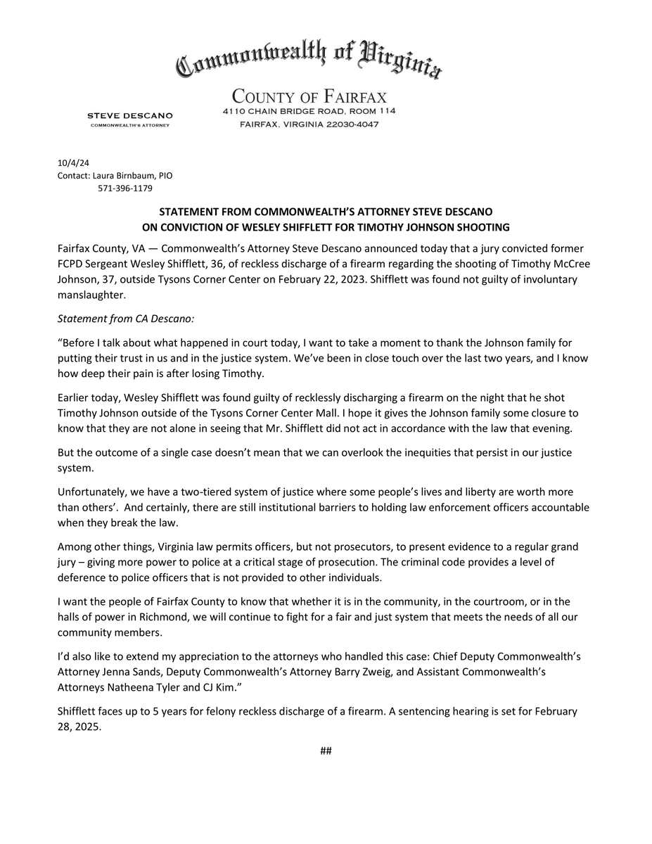 FairfaxCountyCA's tweet photo. CA Descano announced today that a jury convicted former FCPD Sergeant Wesley Shifflett, 36, of reckless discharge of a firearm regarding the shooting of Timothy McCree Johnson, 37, on February 22, 2023. Shifflett was found not guilty of involuntary manslaughter. https://t.co/RcAL4Gc4zh