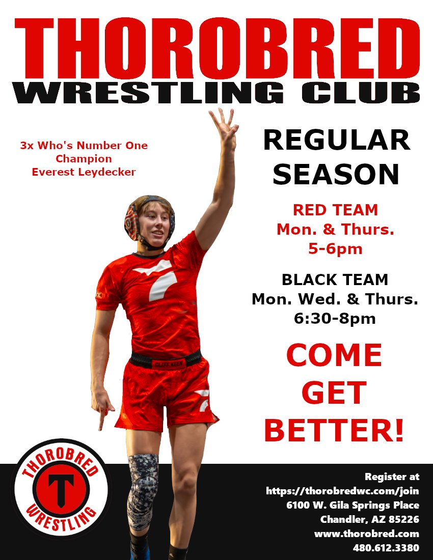 ThorobredWC_'s tweet photo. Regular Season Registration is open!  Practices start Nov. 6th. 

RED TEAM https://t.co/ipJCDKG35g
Mon. and Thurs. 5-6pm

BLACK TEAM https://t.co/nYuOBTPKO1
Mon. Wed. and Thurs. 6:30-8pm 

Thorobred Wrestling Club
6100 W Gila Springs Place
Chandler, AZ 85226
480-612-3380 https://t.co/ZGVO9FdRYq