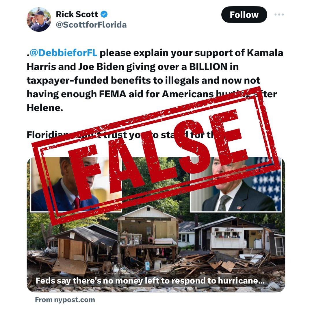 DebbieforFL's tweet photo. These are dangerous lies being spread by extremist Rick Scott to distract from his record of voting against BILLIONS in disaster relief funds. He even voted against $18.8 BILLION in FEMA funding the day after Hurricane Ian hit Florida. https://t.co/XXikBzMPTt