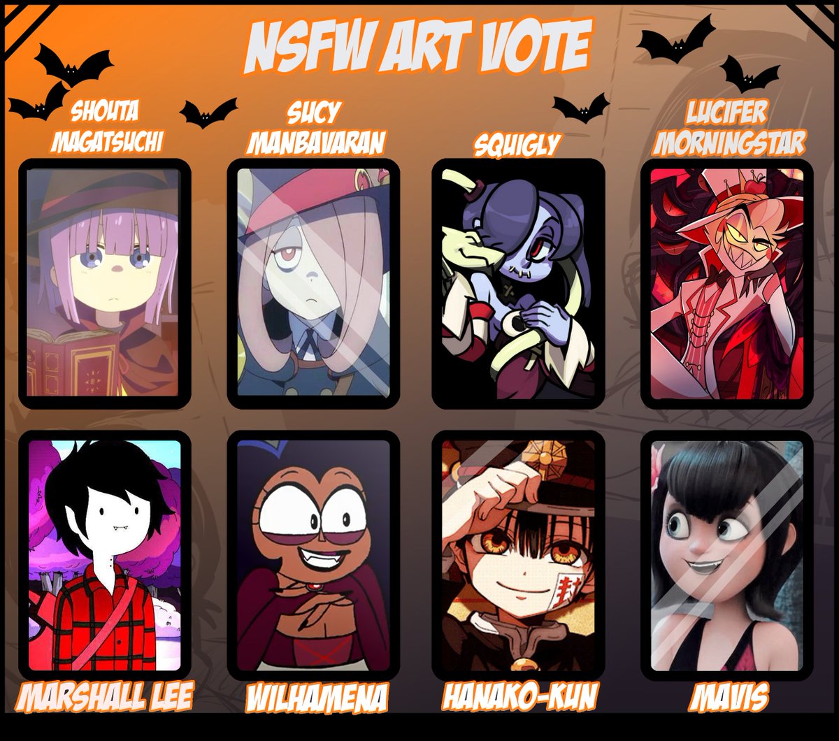 Lordfink's tweet photo. 🎃Voting Poll  2 🎃
Let's go to the special Halloween poll! choose who you want to see in the next arts, The 3 most voted will have arts this month, so let the games begin 💀.
-- Poll in post comment -- https://t.co/BhjN0Q0zNl