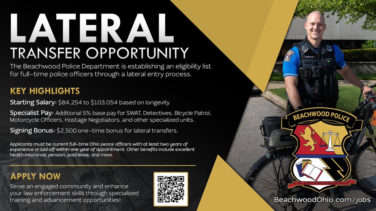 BeachwoodPolice's tweet photo. The Beachwood Police Department is seeking dedicated officers to join our team through a lateral transfer opportunity!   

Ready to learn more? Visit https://t.co/giTwzDrVpb. https://t.co/wuyNeJCENO