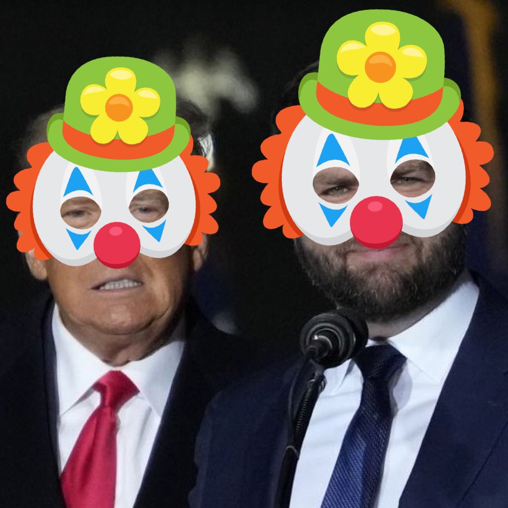 JLHerms's tweet photo. @ArbiterofCool @atrupar Wait.. can we just provide clown faces for both of them?
π€‘π€‘π€‘π€‘π€‘
#trumpisboring
#trumpisweird
#trumpisunfit
#trumpisaliar
#trumpvanceareaclownshow https://t.co/8ymtclrfNN