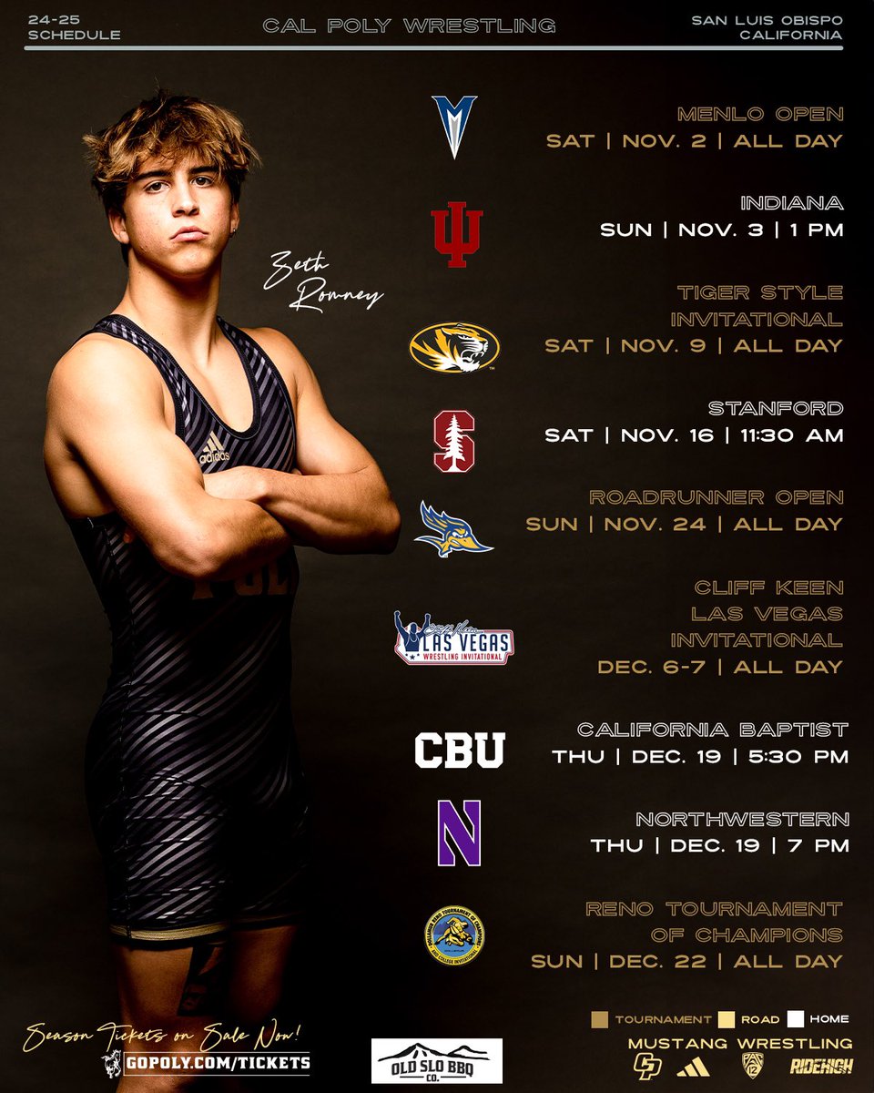 CalPolyWrestle's tweet photo. Our 2024-25 schedule is officially here 🔥

The slate is highlighted by eight home duals, including an outdoor dual against Stanford on Nov. 16 💪 Our opener against Indiana is just under a month away! Season and individual match tickets will be available soon, so stay tuned 😎

#RideHigh🐎
