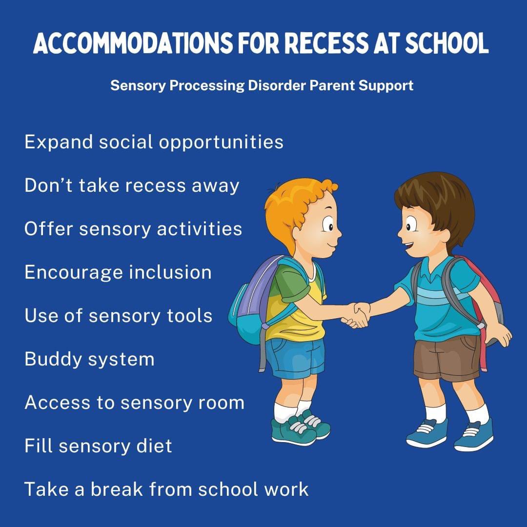 What would you add to this list of accommodations for recess at school that you think would be helpful for other students? 
Expand social opportunities 
Don’t take recess away
Offer sensory activities 
Encourage inclusion 
Use of sensory tools 
Buddy system 
Access to sensory