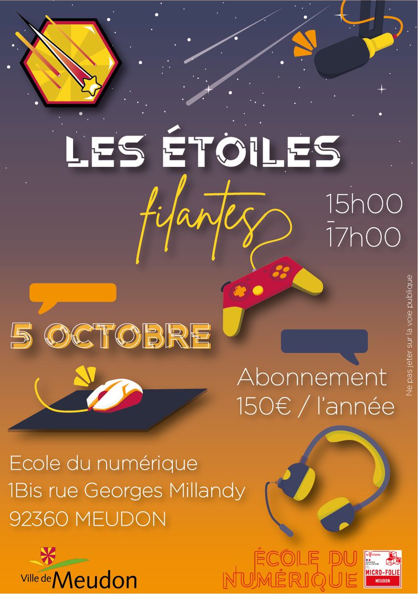 🎮Aujourd'hui, c'est l'inauguration de notre club e-sport à Meudon, un espace dédié à l'accompagnement des jeunes et des parents dans la bonne pratique du jeu vidéo !

📍adresse : 1Bis Rue Georges Millandy, 92360 Meudon
⏰ RDV de 15h à 17h pour découvrir le club !