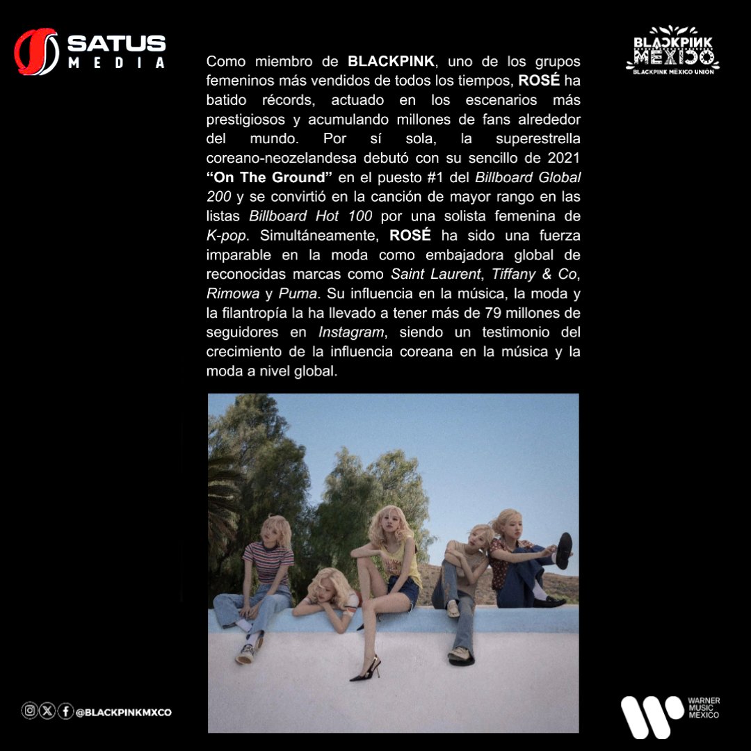 BLACKPINK MÉXICO UNIÓN (@blackpinkmxco) on Twitter photo 🇲🇽 ¡Todo listo BLINKS, #ROSÉ tendrá promoción en México gracias a <a href="/satusmedia/">Satus Media</a> & <a href="/warnermusicmex/">Warner Music México</a> ! 🥹
Pedimos su total apoyo para los post que se realicen en redes sociales sobre el nuevo álbum, demostremos por qué ella nos nombró chingones 😎 🇲🇽 ¡Todo listo BLINKS, #ROSÉ tendrá promoción en México gracias a <a href="/satusmedia/">Satus Media</a> & <a href="/warnermusicmex/">Warner Music México</a> ! 🥹
Pedimos su total apoyo para los post que se realicen en redes sociales sobre el nuevo álbum, demostremos por qué ella nos nombró chingones 😎