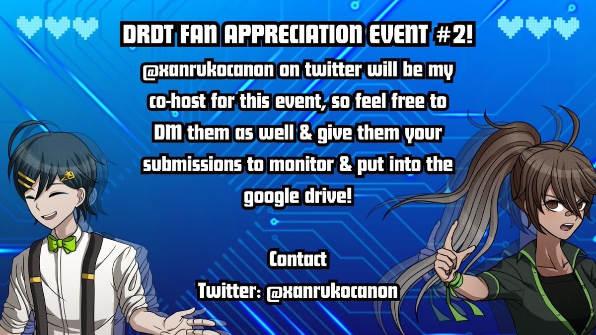 HELLO, EVERYONE! #drdt

Last year, <a href="/KokkunRimu/">rimu | commissions closed!</a> hosted a wonderful event for DT Dev as a means of appreciation! Well, guess what?! We're doing that again! I will be your host this time around! <a href="/xanrukocanon/">riza rambles™</a> will be my co-host alongside me! (1/2)