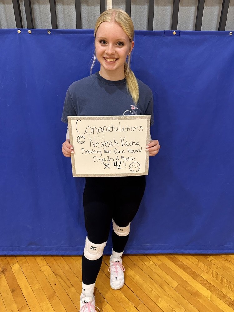 Last evening we had two girls break records! 
Kacee Booth: assist in a match 53 (previous was 49)
Neveah Vacha: serve points in a career &gt;484 AND broke her own record 42 digs in a match (previous was 39). Neveah is also #2 in the STATE for digs, and ranked nationally for digs!