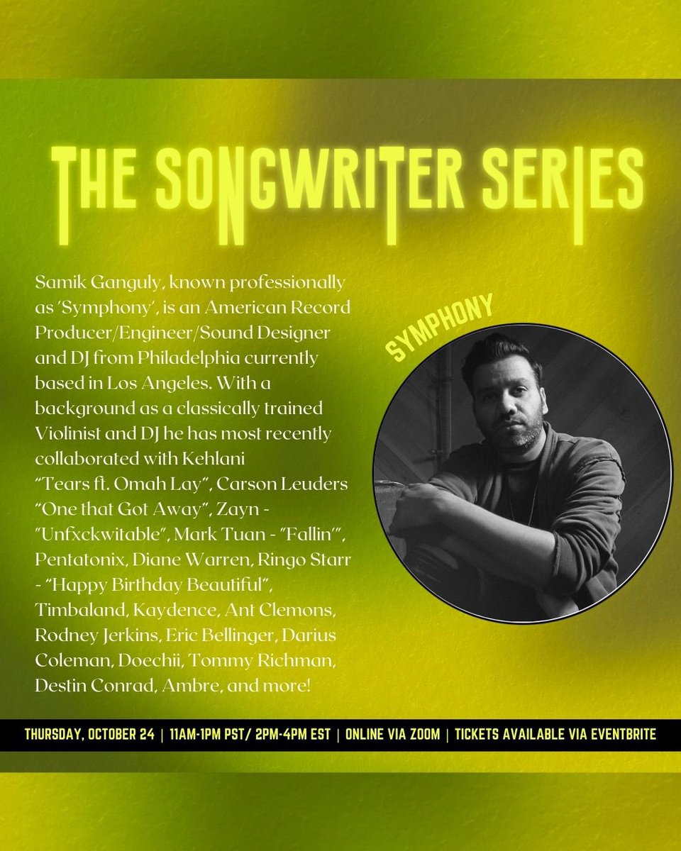 📣JUST ANNOUNCED📣 Songwriters! Join us Thursday, October 24th at The Songwriter Series (online) 🖥️ for 2hrs of music mentorship from award-winning hit songwriters💥 

🖥️ Venue: Online via Zoom 💫

RSVP: eventbrite.com/e/the-songwrit…
