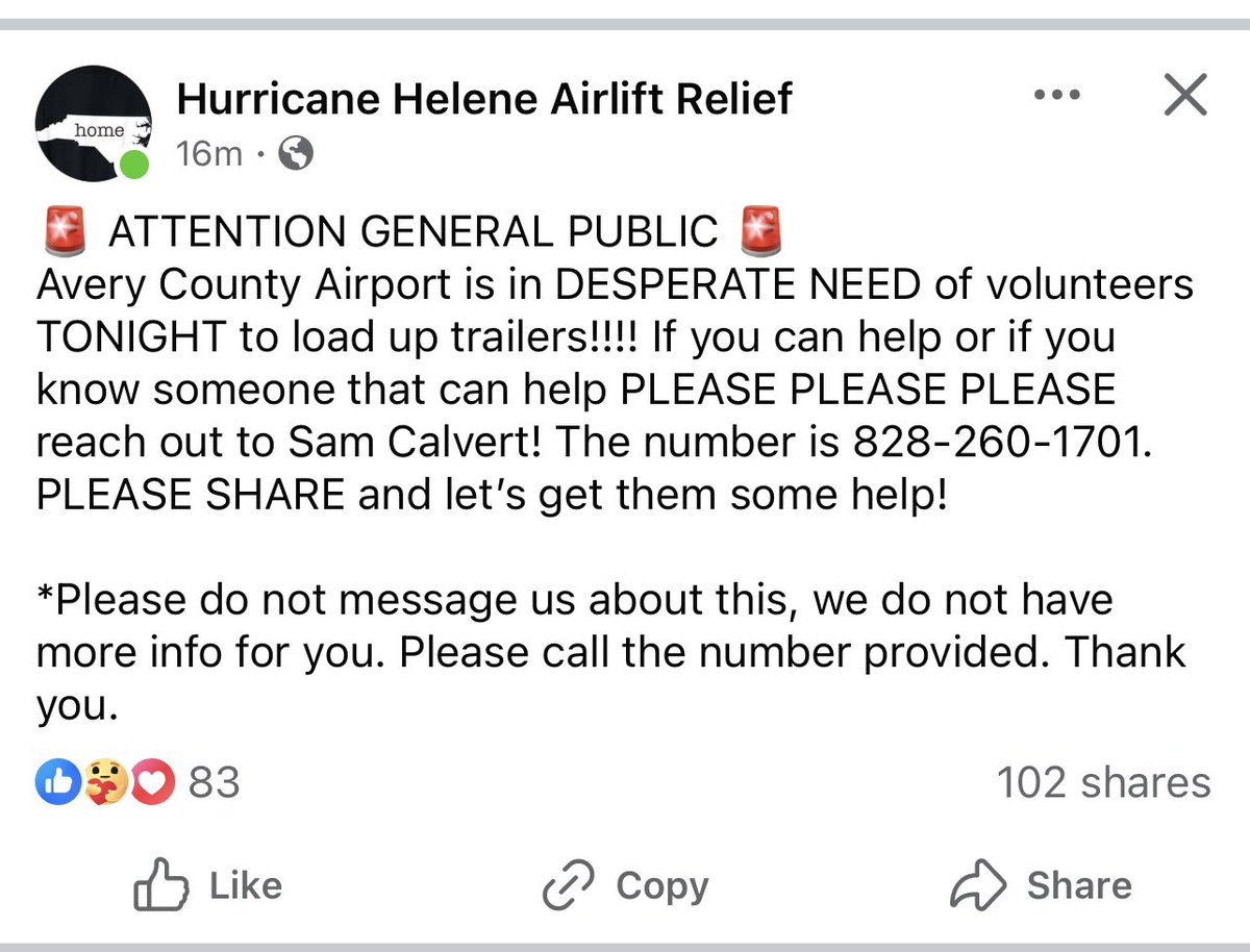 From Facebook: 🚨 

ATTENTION GENERAL PUBLIC
Avery County Airport is in DESPERATE NEED of volunteers
TONIGHT to load up trailers!!!! If you can help or if you know someone that can help PLEASE PLEASE PLEASE reach out to Sam Calvert!

Contact Info here: