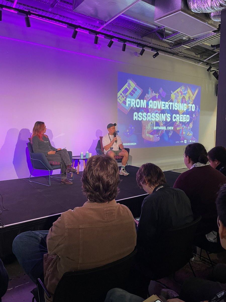 SymmetriaSound's tweet photo. For creating a game audio portfolio: “Focus on the space of that setting…things like what is happening off screen?” Chatting about getting work in the industry and coming from unexpected directions with Nathaniel from @Ubisoft 🥳 #highscore24 https://t.co/qptMEL4ayQ