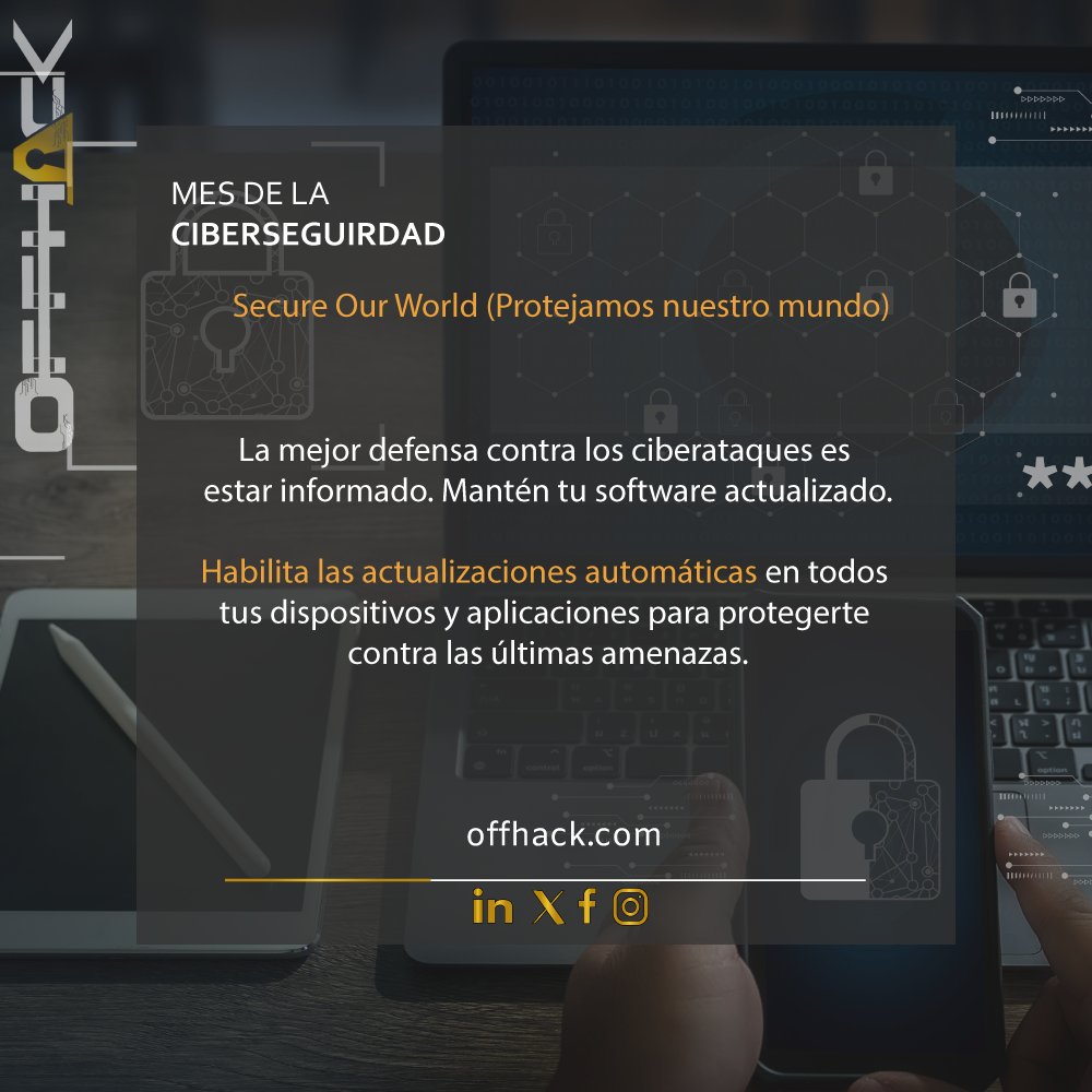 🛡️En el Mes de la Ciberseguridad actualiza tu software regularmente.

Las  actualizaciones no solo traen nuevas funciones, también corrigen  vulnerabilidades.

No esperes, ¡mantén tus dispositivos siempre seguros!  🔧💻
#Ciberseguridad #MesDeLaCiberseguridad #ActualizaYA